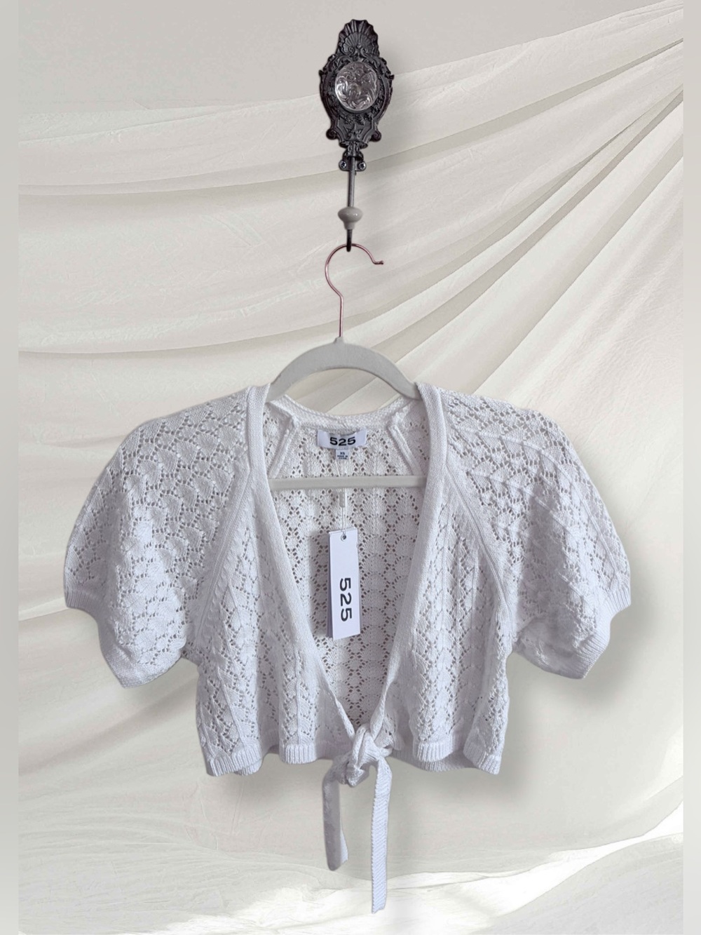 525 America White Pointelle Cropped Tie-Front Cardigan